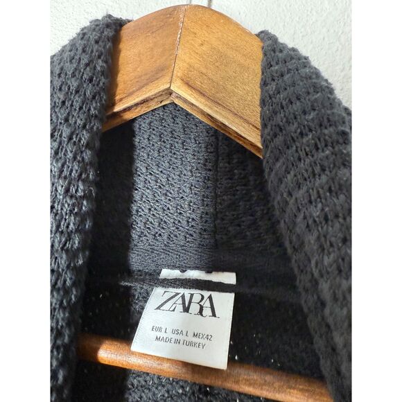 Zara Black Chunky Knit Cardigan Womens Sz L Open Front Basic Minimalist - Picture 4 of 6